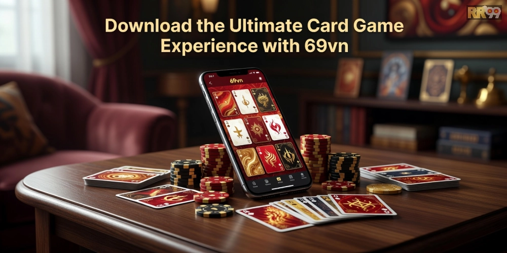 Minh họa khái niệm tải game bài 69vn với giao diện ứng dụng hiện đại và các trò chơi phổ biến